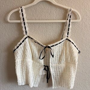 Vintage Inspired Tie Front Tank Top - White Lace Black Trimmed Coquette Dainty